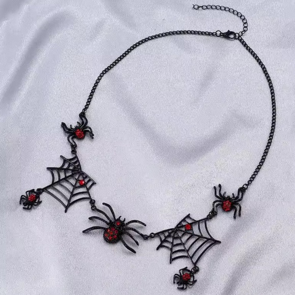 Halloween gothic party Black Spider Web Necklace with Red Accents - Picture 10 of 11